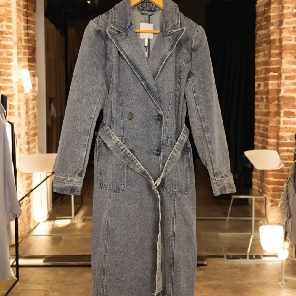 Anthropologie Avec Les Filles Denim Trench Coat Belted Double Breasted. Size M